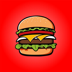 Cartoon burger illustration with sesame bun, cheese, lettuce, tomato, and beef patty. Perfect for restaurant branding, fast food logos, menu design, and culinary promotions.