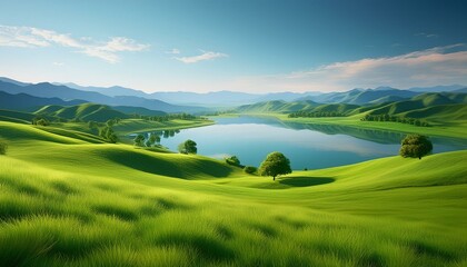 Obraz premium Scenic view of a lake nestled between mountains with green fields and trees under a cloudy sky.