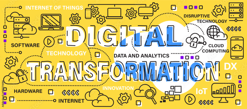 Poster digital transformation . technology concept . word with line icon art banner style . editable stroke