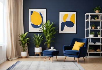 Photo modern style interior room 3d illustration with doodle abstract pattern
