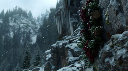 Festive winter wreath on snowy cliffside, mountain backdrop.