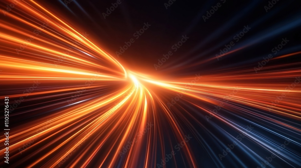 Poster abstract illustration shows fast moving light rays, stripes on dark background. dynamic energy, spee
