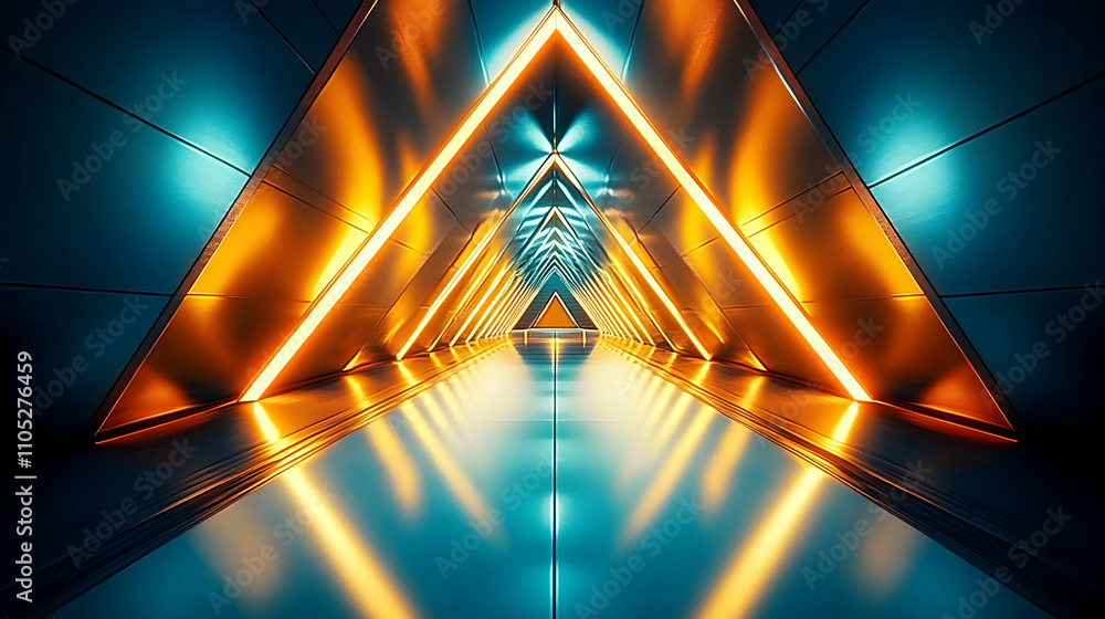 Poster abstract 3d rendering: futuristic gold and teal triangle corridor with glowing neon lights, creating