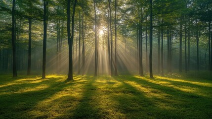 Obraz premium A foggy forest in the early morning, with mysterious shadows