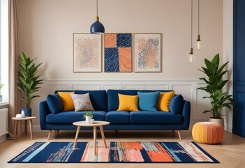 Photo modern style interior room 3d illustration with doodle abstract pattern