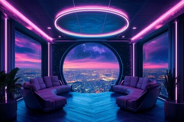 Fototapeta premium Ultra-Modern Coworking Space with Futuristic Design, Surrounded by a Stunning View of Earth, Featuring Dynamic Colors and Sleek Furniture for Enhanced Creativity