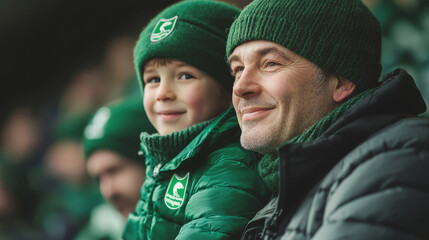 Father and son enjoying a sports game in the stands together