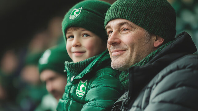 Father and son enjoying a sports game in the stands together
