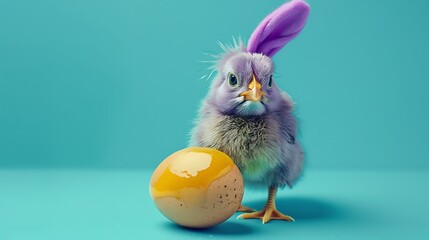 Beautiful the resurrection chick on an aqua backdrop with purple bunny ears and an egg yolk