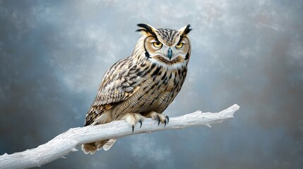 Obraz premium Majestic Great Horned Owl Perched on Bleached Branch
