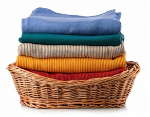 Obraz premium Wicker basket with a stack of colorful clothes on a white background. Clean, folded, stacked colorful blue, pink, white, green, lilac, yellow, orange, clothes in a wicker basket isolated.