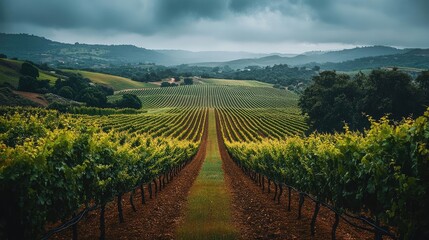 Naklejka premium A lush vineyard in summer, with rows of grapevines stretching into the distance