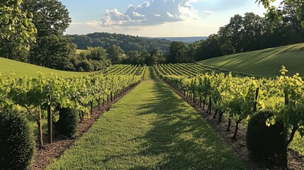 Fototapeta premium A lush vineyard in summer, with rows of grapevines stretching into the distance