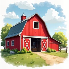 Obraz premium Red barn stands in idyllic rural landscape under sunny sky. Green grass surrounds building. Exterior traditional rural home. Path leads towards barn entrance. Tranquil country scene evokes peace,