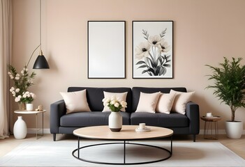 Photo modern style interior room 3d illustration with doodle abstract pattern