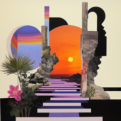Mythical Gateway with Sunset and Lush Natural Elements Mixed Media