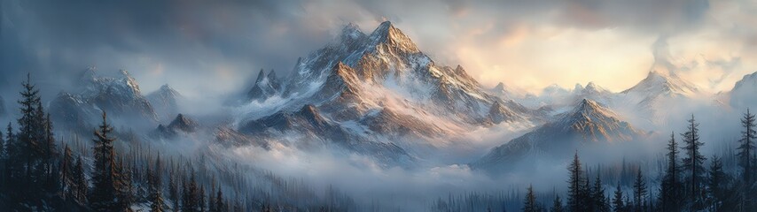 Obraz premium Majestic mountain landscape with dramatic clouds and soft sunlight illuminating the peaks, evoking tranquility and adventure.