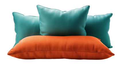 Three luxurious turquoise pillows with varied textures, perfect for adding color and style to living room decor, isolated on transparent background.