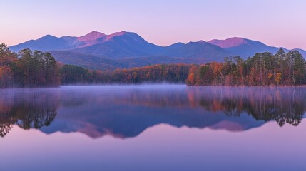 Fototapeta premium Misty Autumn Mountain Lake Reflections at Dawn, Serene Landscape of Fall Colors over Water