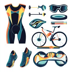 Vibrant Triathlon Gear Illustration:  Sports Equipment, Athlete Outfit, Cycling, Running Shoes, and Accessories