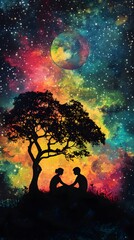 Fototapeta premium A silhouette of two people sitting under an old tree, with the background filled by vibrant colors representing different elements like water and fire
