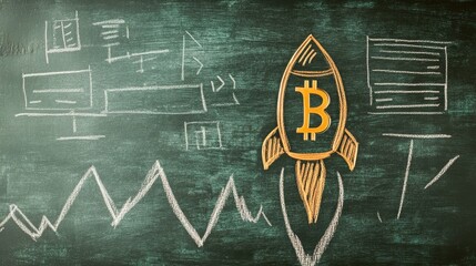 Bitcoin cryptocurrency taking off like a rocket, soaring high above a green chalkboard filled with financial diagrams.  A visual representation of growth and success in the digital currency market.