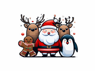 Vector Illustration of Christmas Characters: Santa Claus, Reindeer, Gingerbread ManFestive Holiday Scene
