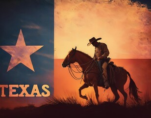 A lone cowboy rides a horse against a dramatic Texas sunset. silhouetted rider wears traditional hat and boots. background shows state flag with bold colors and a star.