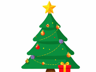 Isolated Vector of a Decorated Christmas Tree with Colorful Ornaments and a Golden Star at the Top