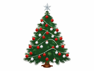 Fototapeta premium Elegant Vector Christmas Tree with Snow-Tipped Branches, Silver and Red Ornaments