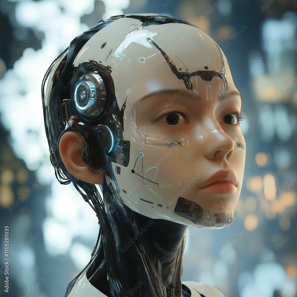Aufkleber future tech cyborg girl with sophisticated tech design. young female robot looks forward. advanced a