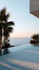 Plakat Infinity pool with palm trees and ocean view at sunset. vertical banner for luxury resorts, real estate marketing, travel agencies, hotel promotions, wellness retreat, tropical lifestyle content