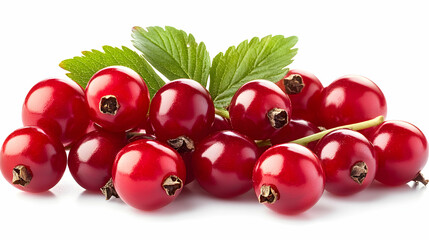 Red Currants with Green Leaves: A Close-Up Still Life of Fresh Berries on White Background