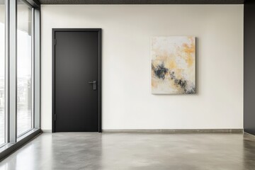 Black matte door with neutral walls, abstract art, and sunlight flooding in.