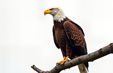 Obraz premium Bald eagle perched on branch. Majestic bird of prey. Sharp beak. White head, brown body. Wild nature portrait. American symbol. Predator with sharp claws. Strong bird. Wildlife on nature background.