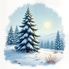 Obraz premium Snowy winter landscape features tall fir trees covered in snow. Sunlight illuminates scene. Serene winter wonderland. Snowy ground with few small shrubs. Calm scene. Winter trees in snowy area.