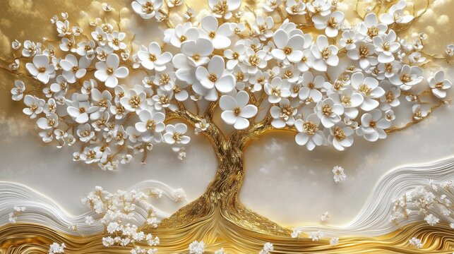 Fototapeta 3D floral tree art with white blossoms, golden branches. Sophisticated, decorative design. Beautiful, luxurious. Intricate details, elegant forms. Ideal for modern interior designs. High quality AI