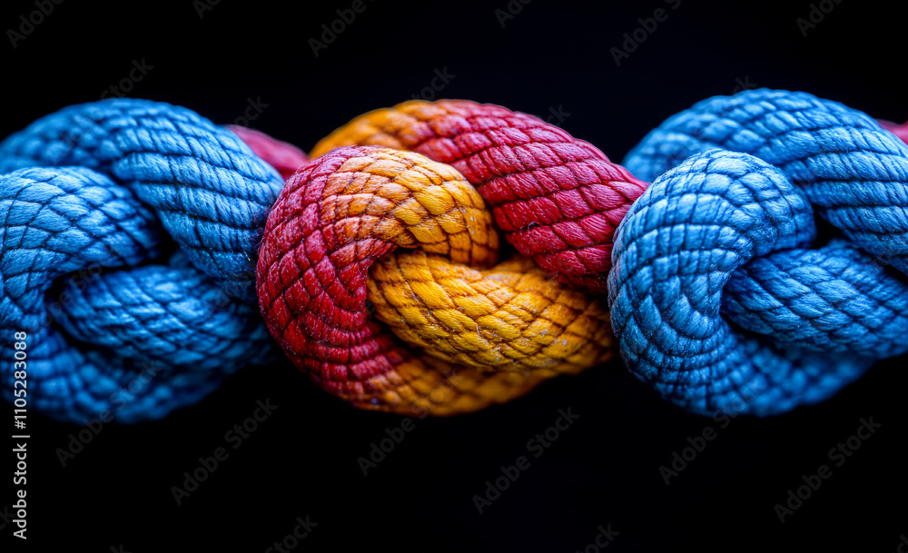 Poster a blue and red rope is tied in a knot, with the knot being in the middle of the rope. the knot is a 