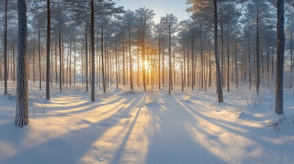 Naklejka premium A snowy pine forest at dusk, with shadows stretching long
