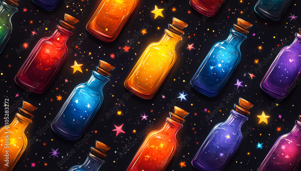 Poster a colorful array of bottles with stars on them. the bottles are of different colors and sizes, and t