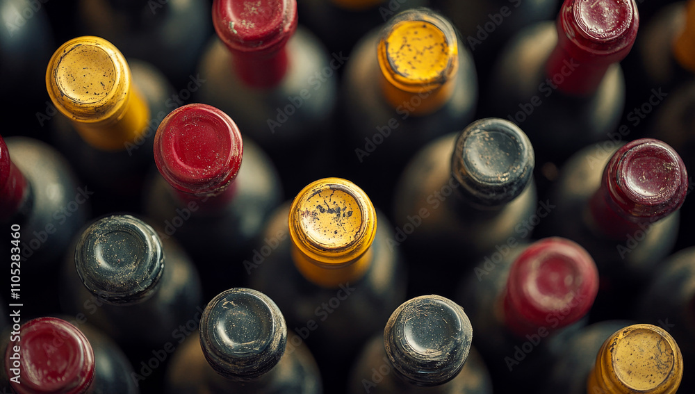 Poster a row of wine bottles with red and yellow tops. the bottles are lined up and appear to be old