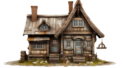 Antique wooden house with a retro-style exterior, showcasing intricate design details and isolated charm, isolated on transparent background.