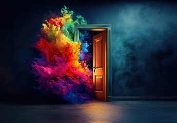 A door opens to a vivid explosion of color, set against a moody background.