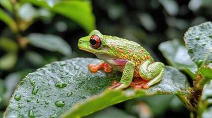 Obraz premium A tree frog on a leaf, with vibrant green and red markings