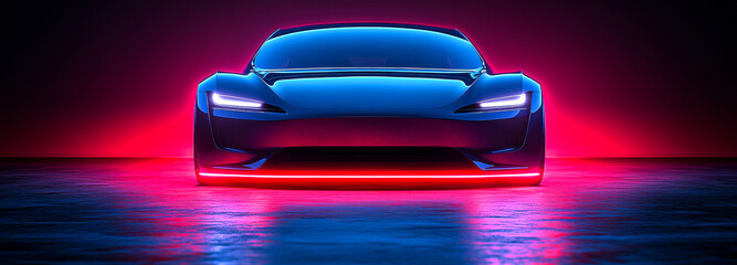 A car with red lights on the front. The car is blue and is in a dark room