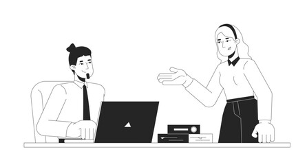 Male supervisor and female intern positive communication black and white 2D line characters. Internship business caucasian adults isolated vector outline people. Monochromatic spot illustration