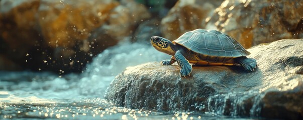 Obraz premium A turtle sunbathing on a rock, with water gently lapping below