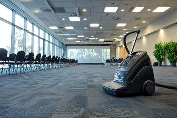 Modern Vacuum Cleaner in an Unused Conference Room Ready for Cleaning and Maintaining Professional Environment