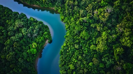 Aerial View Of Lush Green Forest And Winding River