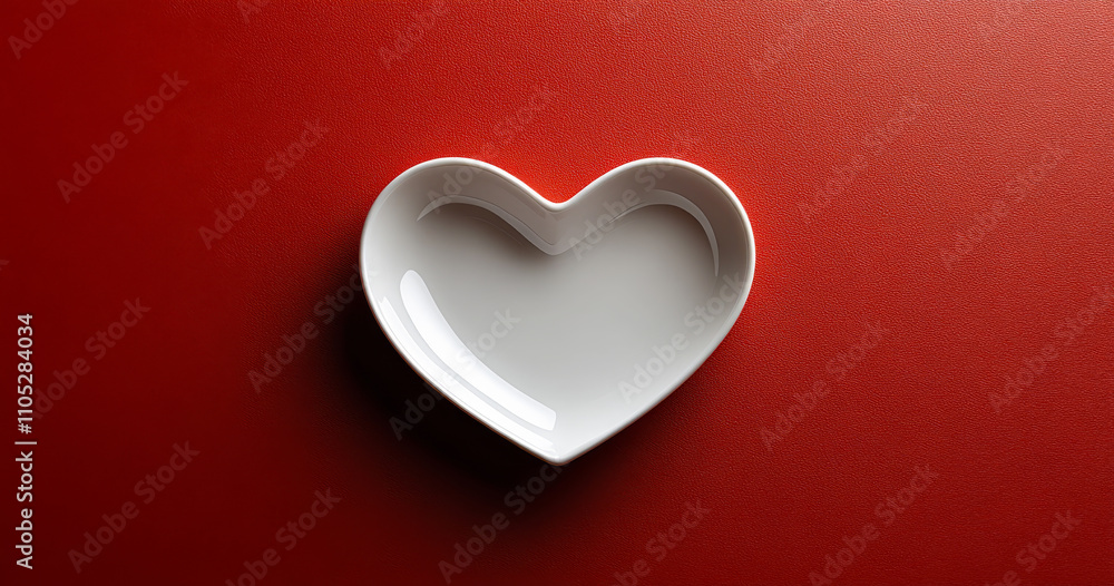 Poster a white plate with a heart shape on it is placed on a red background. the heart shape is the main fo